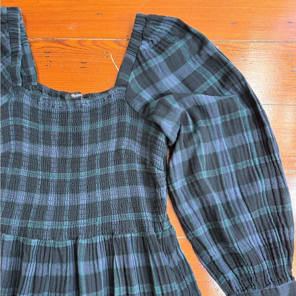 Madewell 100% Cotton Lightspun Long Sleeve Smocked Midi Plaid Dress Sz 2X 💚🍄 - Picture 10 of 12